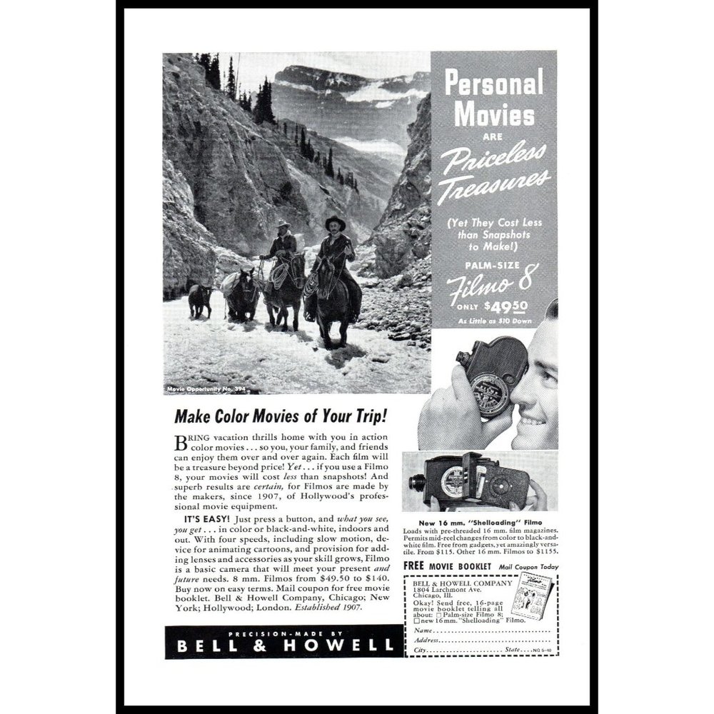 1940 Bell and Howell Filmo 8 Movie Camera Vintage Print Ad Old West Horses Photo